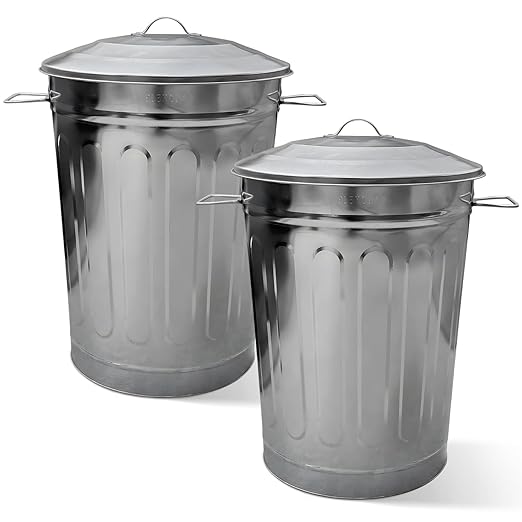 Plexon 2 Pack 13-Gallon Galvanized Steel Round Trash Can with Lid, Indoor and Outdoor Use, Durable Construction, Classic Design, Stylish