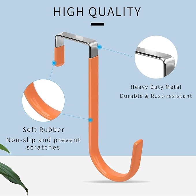 FYY Over The Door Hooks, 4 Pack Door Hangers Hooks with Rubber Prevent Scratches Heavy Duty Organizer Hooks for Living Room, Bathroom, Bedroom, Kitchen Hanging Clothes Towels Hats Coats Bags Orange