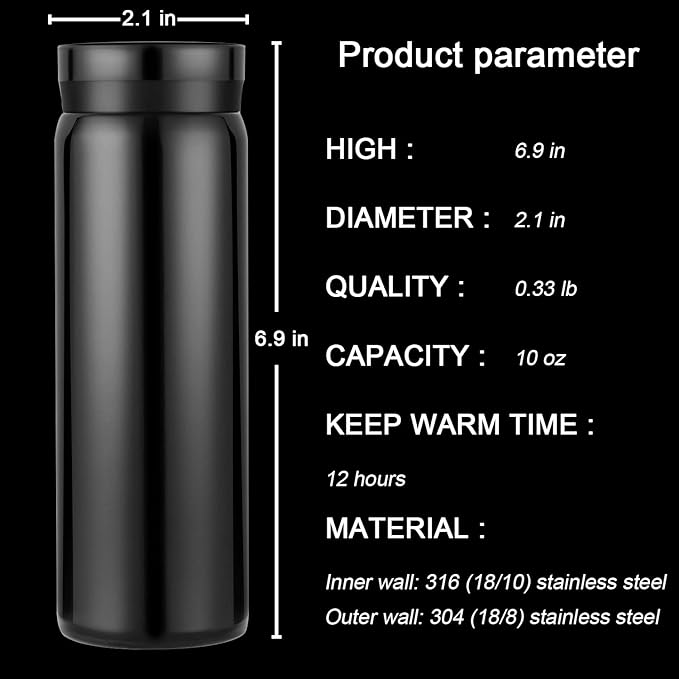 10oz Mini Water Bottle Stainless Steel Thermos Small Flask - Insulated Vacuum, Leak Proof, Keeps Drinks Hot/Cold - Ideal for Coffee, Tea, Water - Black