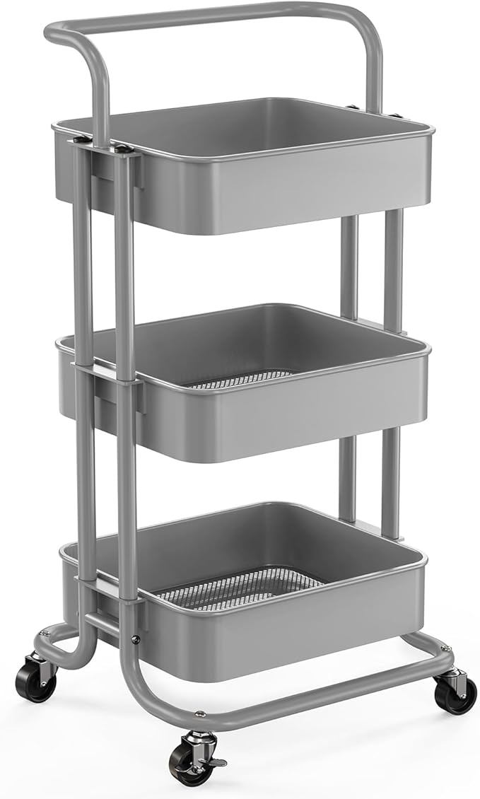 Pipishell 3 Tier Mesh Utility Cart, Rolling Metal Organization Cart with Handle and Lockable Wheels, Multifunctional Storage Shelves for Kitchen Living Room Office Grey