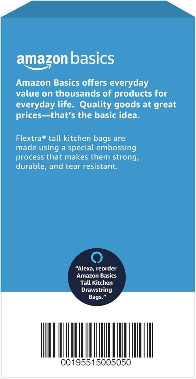 Amazon Basics Flextra Tall Kitchen Drawstring Trash Bags, 13 Gallon, 90 Count
