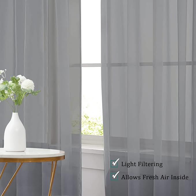 Chyhomenyc 120 Inch Long Sheer Curtains for Bedroom, Semi Sheer Privacy Curtains & Drapes Texture Sunlight Filtering for Hallway Window Guest Room Country House, 42x120 Inches, 2 Panel, Charcoal Grey