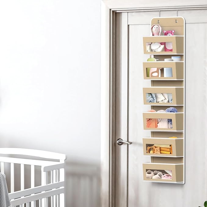 SIMPLE HOUSEWARE 6 Clear Window Pocket Over Closet Door Storage Hanging Organizer for Bedroom, Bathroom, Pantry, Beige