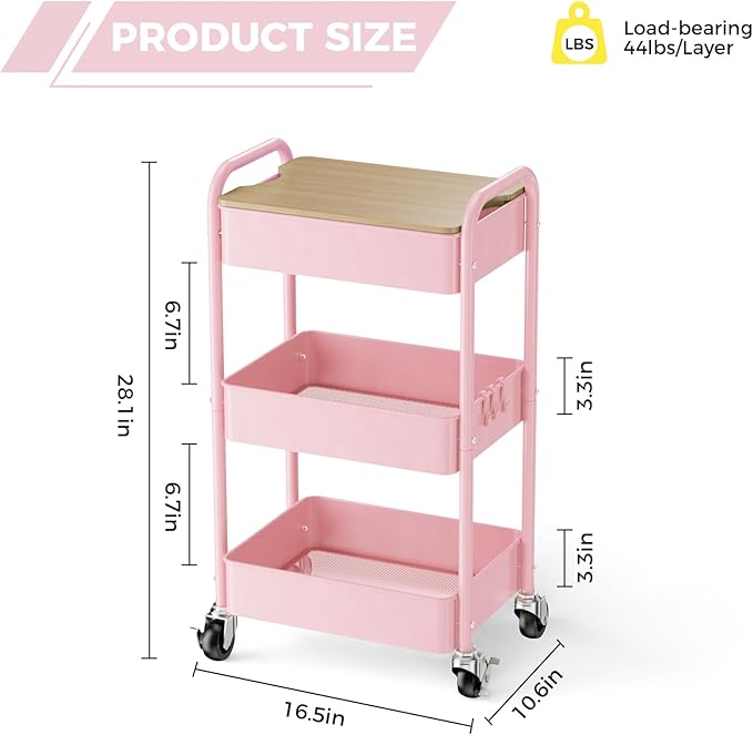3 Tier Rolling Cart with Table top, Metal Rolling Utility Cart, Sturdy Storage Organizer Cart with Locking Wheels & Hooks for Office, Classroom, Kitchen and Bathroom，Pink