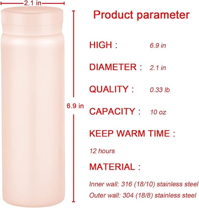 10oz Mini Water Bottle Stainless Steel Thermos Small Flask - Insulated Vacuum, Leak Proof, Keeps Drinks Hot/Cold - Ideal for Coffee, Tea, Water - Pink