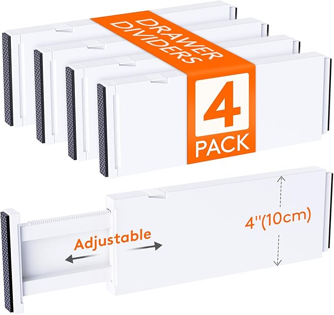 Lifewit 4 Pack Drawer Divider 4" High,11-17" Drawer Dividers for Clothes, Adjustable Clothing Drawer Organizers, Expandable White Dresser Drawer Separators for Bedroom, Bathroom, Vanity, Office