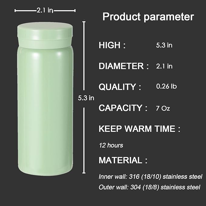 Mini Thermos Cute Water Bottle - 7 oz Tiny Insulated Vacuum 18/10 Stainless Steel Small Flask - Leak Proof & Spill Proof & Keeps Cold and Hot for Drink, Coffee, Tea - Light Green