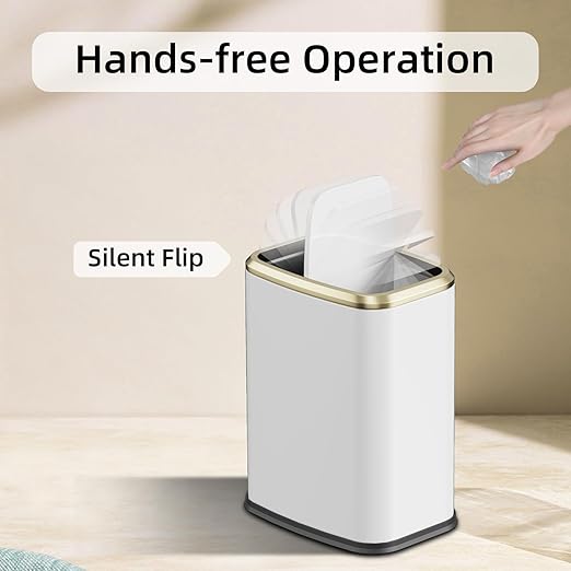 8L/2.1 Gallon Small Bathroom Trash Can with Lid, Swing-Top Rectangular Waste Bin, Stainless Steel Garbage Can for Home, Office, Toilet, Bedroom, Living-Room (White)