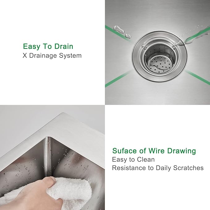 15x17 inch Bar Sink Drop in, Handmade 304 Stainless Steel Sink, 8" Deep Single Bowl, R10 Tight Radius, Topmount Installation, for Small Kitchen/RV/Bar Sink, Brushed