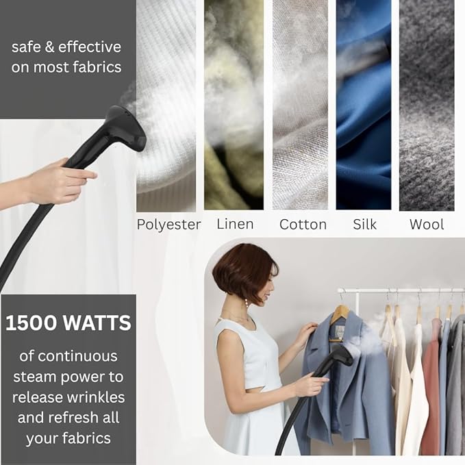 SALAV GS18-DJ Standing Garment Steamer with Roll Wheels for Easy Movement, 1.8L Water Tank for 1 Hour Continuous Steaming, Adjustable Pole for Storage, Includes Descaler Packet, 1500 watts