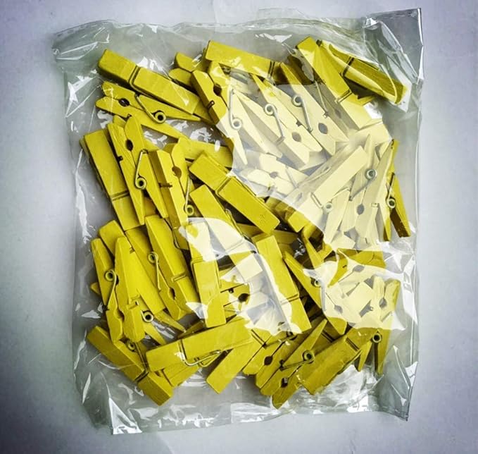 DurReus Sturdy Clothes Pegs Clamps DIY Craft Mini Colored Wood Clothespins Clip Holiday Christmas Cards with Twine Pack 50 Yellow