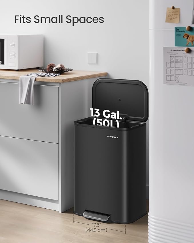 SONGMICS Kitchen Trash Can, 13-Gallon (50 L) Garbage Can with Lid, Stainless Steel, Soft Close and Stays Open, Inner Bucket, Wide Non-Slip Pedal, Ink Black ULTB547B01