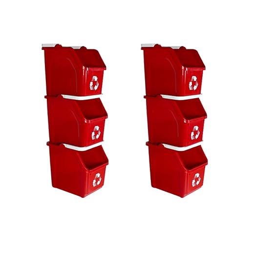 6 Gallon Stackable Recycling Bins for Homes, Garages, Offices Made of 100% Recycled Plastic - (Red, 6 Pack)