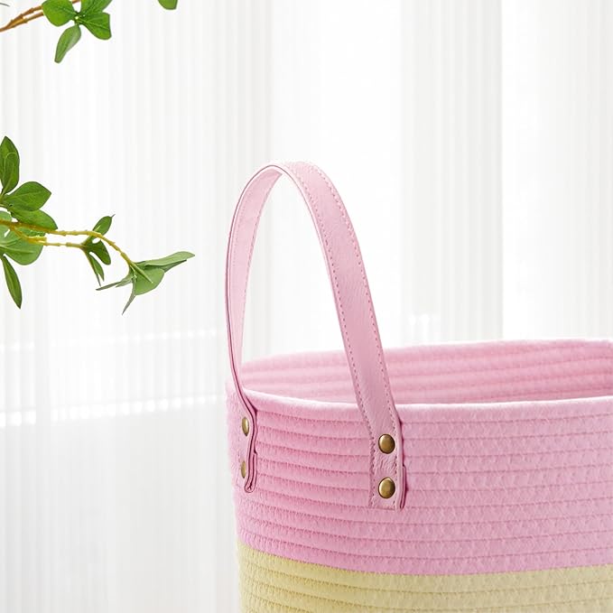VIPOSCO Tall Laundry Basket, Large Dirty Clothes Hamper with Leather Handle, Woven Rope Storage Basket for Blanket, Toy In Living Room, Bathroom, Bedroom - 58L Rainbow