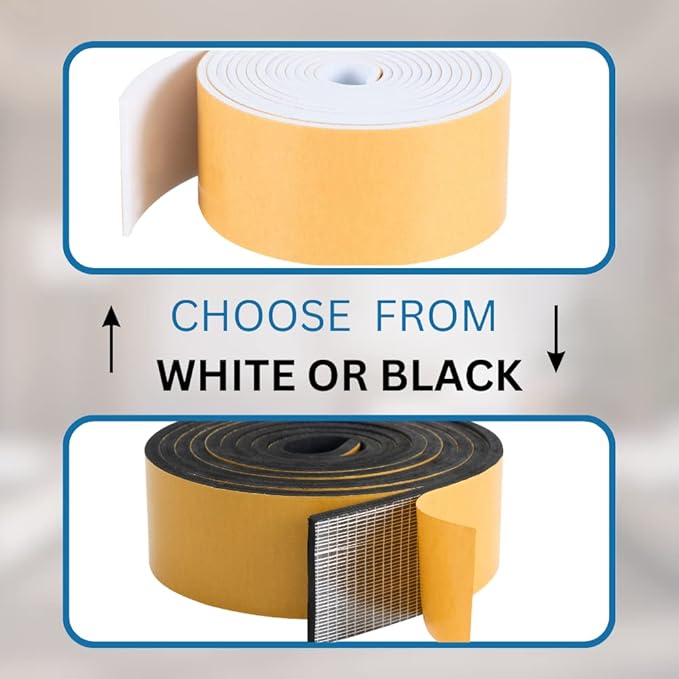 High Density Foam Weather Stripping Door Seal Strip Insulation Tape Roll for Insulating Door Frame, Window, Air Conditioner | Self Adhesive Sealing Weatherstrip (2 in x 1/16 in x 10 Ft, White)