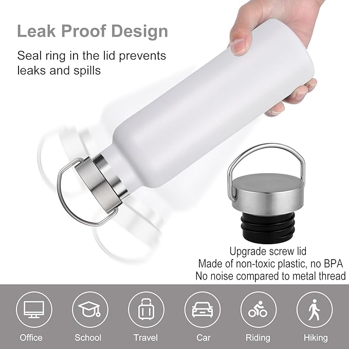 Neihepal White Stainless Steel Water Bottles,20 Ounce Vacuum Insulated Double Wall Travel Bottle with Leak Proof Lid of Handle,Metal Reusable Standard Mouth Flask Thermoses for School,Hikers,Gift