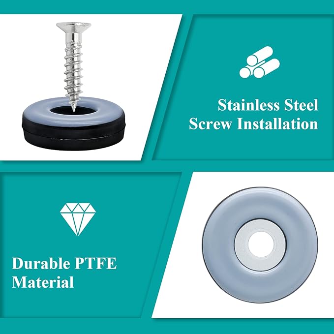 24pcs 1" (25mm) Screw on Furniture Sliders, Teflon Chair Leg Slides, Round Furniture Glides with Screws for Hardwood Floors Protectors (Gray/Black)