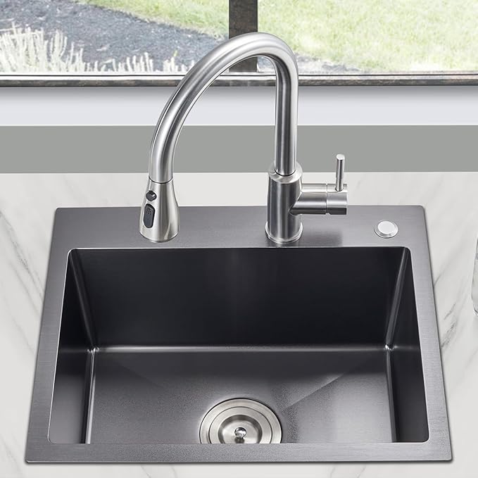 25x18x9 Inch Drop in Kitchen Sink, Handmade 304 Black Stainless Steel Single Bowl, Topmount with 2 Holes, R10 Tight Corner, for Modern Kitchen/RV/Outdoor Sink