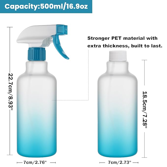 Spray Bottles 16.9oz/500ml Plastic Spray Bottle for Hair Mist/Stream Empty Spray Bottle Heavy Duty Refillable Containers for Cleaning Solutions, Plants Gradient 2 Pack (Blue)