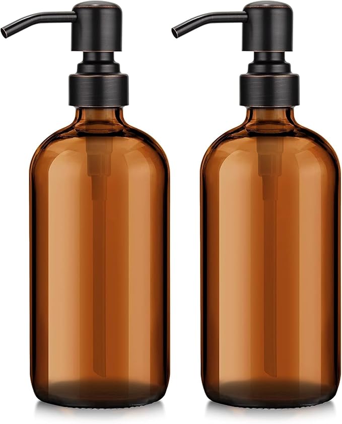 AmazerBath Amber Glass Soap Dispensers, 2 Glass Amber Pump Bottles, 17 Oz Dish Soap Dispenser, Kitchen Bathroom Hand Soap Dispensers for Hand Sanitiser, Shampoo, Lotion, Shower Gel Conditioner
