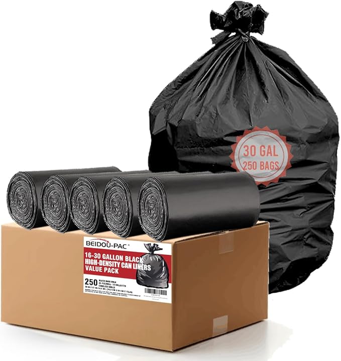 30 Gallon Trash Bags, 250 Count Black Garbage bags, Multi-purpose Trash Can Bin Liners for Bathroom, Office, Industrial, Commercial, Janitorial, Municipal, Recycling