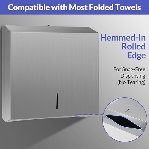 Paper Towel Dispenser Wall Mount, Brushed Stainless Steel Commercial Paper Towel Holder with Lock, Large Capacity 250 C Fold/300 Multifold Towels
