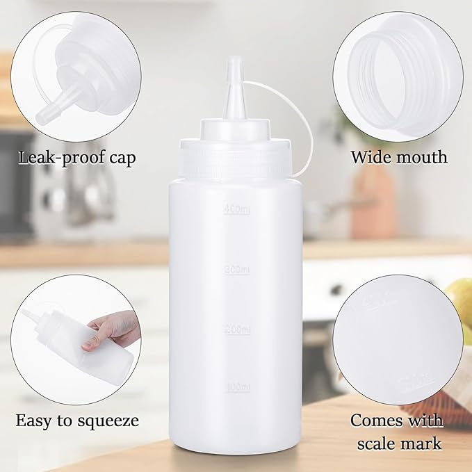 Condiment Squeeze Bottles Ketchup Dispenser, 4 Pack 16oz Squeeze Bottles for Liquids, Plastic Sauce Bottle with Cap Lid, Squirt Bottles for Sauces Liquids BBQ Dressing Pancake Art