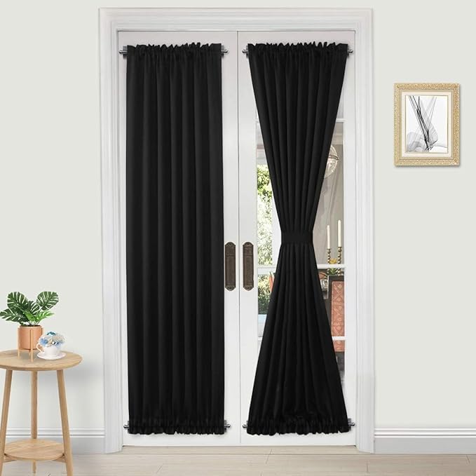 DWCN French Door Curtains – Rod Pocket Thermal Blackout Curtain for Doors with Glass Window, Kitchen and Patio Doors for Privacy, 25 X 80 Inches Long, 1 Curtain Panel with Tieback, Black