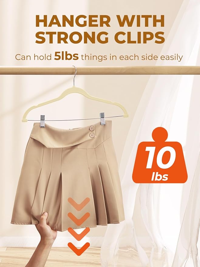 HOUSE DAY Velvet Skirt Hangers 12 Pack, Beige Velvet Pant Hangers with Adjustable Clips, Space Saving Slim Shorts Hanger, Heavy Duty Non Slip Clip Hanger for Pants, Skirts, Shorts