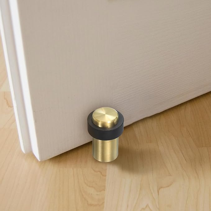 PATIKIL 2Set Round Door Stoppers, 80mm Stainless Steel Door Stop Doorstop Wedge Metal Cylinder Self Adhesive with Screw for Bottom of Door Floor Inside, Gold Tone