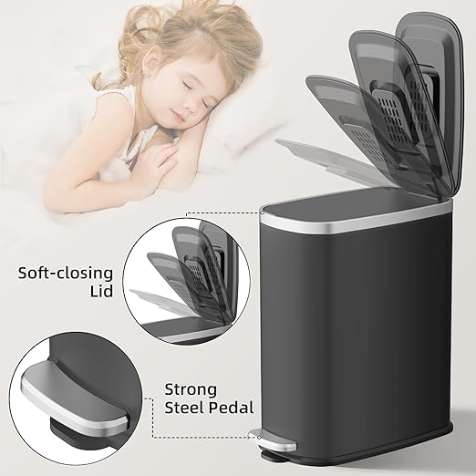 KUK Slim Bathroom Trash Can with Lid Soft Close, Step Pedal, 2.6 Gal/ 10L Stainless Steel Garbage Can with Removable Inner Bucket, Anti-Fingerprint Wastebasket for Office, Bedroom, Toilet (Black)
