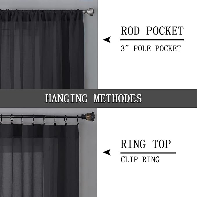 Tollpiz Short Sheer Curtains Living Room Linen Textured Curtain Sheers Light Filtering Voile Rod Pocket Curtains for Bedroom, 38 x 45 inches Long, Black, Set of 2 Panels