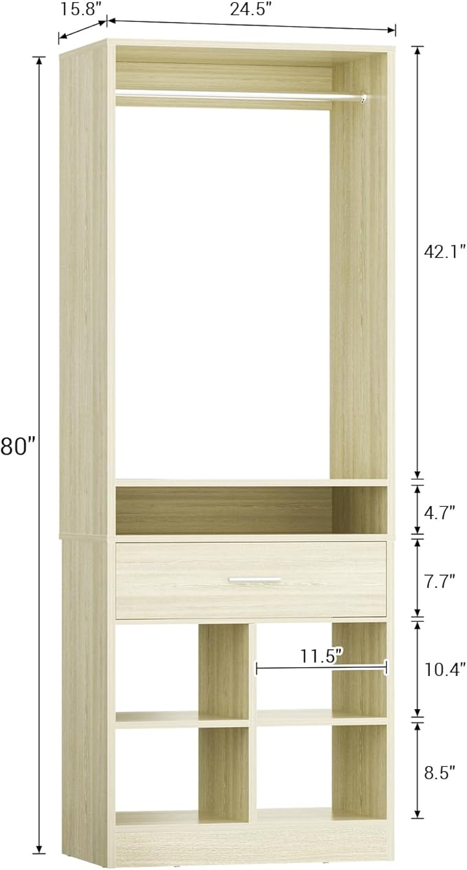 Unikito Freestanding Closet System with Wood Drawer and 4 Cubby Storage, Closet Organizer with Hanging Rods & Shelves, 25‘’W X 80'' H Clothes Garment Rack, Walk in Closet Tower Wardrobe, White Oak