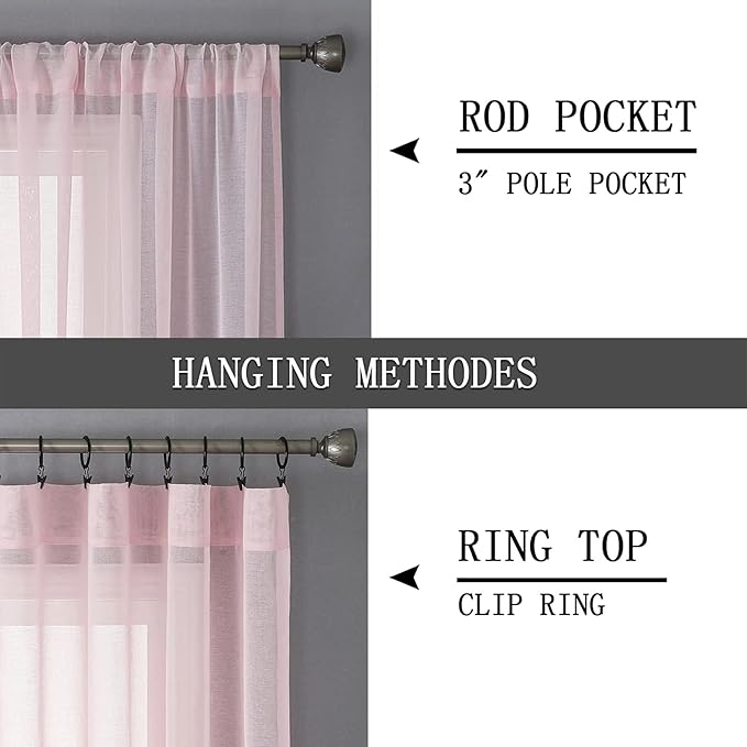 Tollpiz Sheer Curtain Linen Textured Living Room Curtains Sheer Light Filtering Rod Pocket Voile Curtain for Bedroom, 54 x 72 inches Long, Pink, Set of 2 Panels