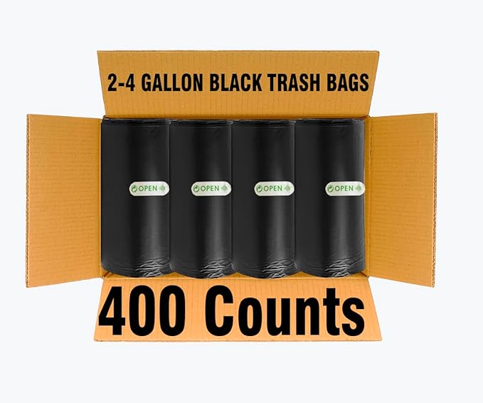 2-4 Gallon Trash Bags, 400 Count Black Garbage bags, Small Trash Can Bin Liners for Bathroom, Office, Industrial, Commercial, Janitorial, Municipal, Recycling