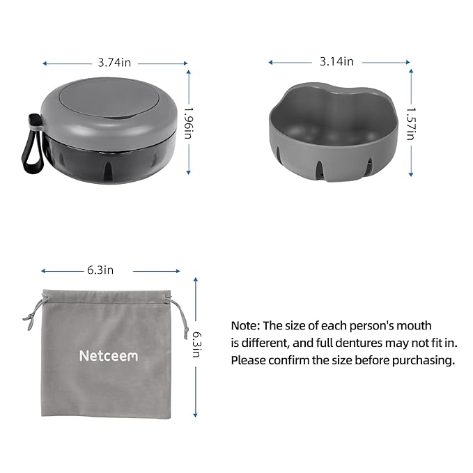 Leak Proof Denture Cup Kit Portable Retainer Case Perfect for Travel, Denture Case Container Cleaning Care for Dentures Aligner Mouth Guard with Denture Brush,Strainer, Removal Tool and Mirror
