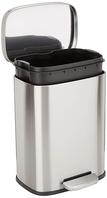 Amazon Basics Smudge Resistant Small Rectangular Trash Can With Soft-Close Foot Pedal, Brushed Stainless Steel, 12 Liter/3.1 Gallon, Satin Nickel Finish, 11.3"L x 9.9"W x 15.1"H