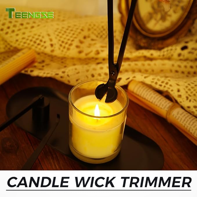 4 in 1 Candle Accessory Set with Storage Tray Plate, Candle Wick Trimmer, Candle Wick Snuffer, Candle Wick Dipper (Black)
