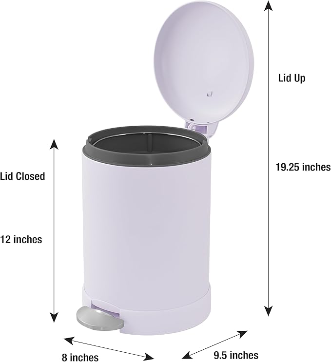Glad Small Trash Can, 1.2 Gallon | Round Stainless Steel Garbage Bin with Soft Close Lid & Step Foot Pedal | Metal Waste Basket with Removable Inner Bucket, Lavender