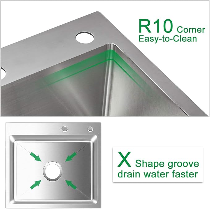 20x16x9 Inch Drop in Kitchen Sink, Handmade 304 Stainless Steel Single Bowl with 2 Holes, R10 Tight Radius, Topmount Installation, for Modern Kitchen/RV Sink, Brushed
