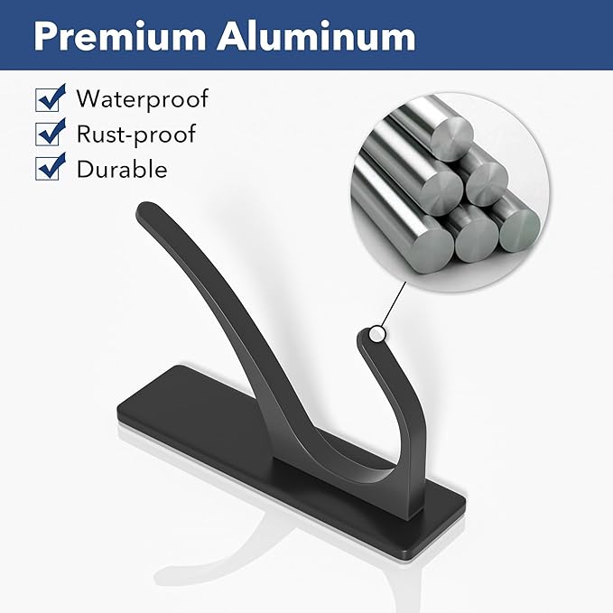 Self Adhesive Coat Hooks for Hanging: Heavy Duty Stainless Wall Hook for Towel, Backpack, Hat, Sturdy Metal Hanger for Bathroom, Bedroom, Door, 4-Pack, Matt Black