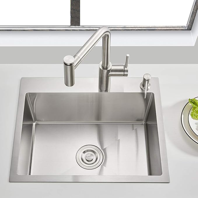 21.6x17.7 inch Drop in Kitchen Sink, Handmade 304 Stainless Steel Sink with 2 Holes, 8.6" Deep Single Bowl, R10 Tight Radius, Topmount Kitchen Sink with Basket Strainer Drain, Brushed