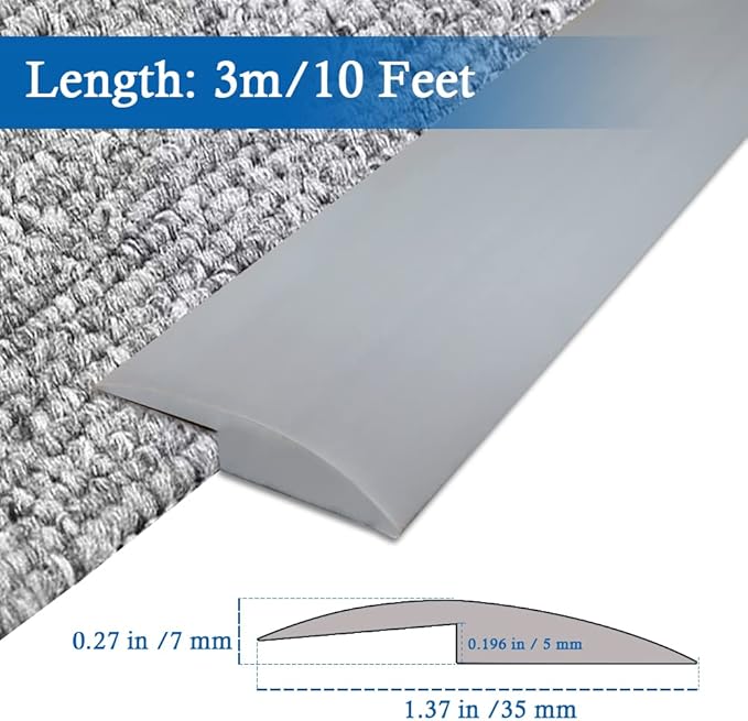 Floor Transition Strip Self Adhesive Carpet & Flooring Transitions Edging Trim Strip PVC Threshold Transitions Suitable for Threshold Height Less Than 5mm (10Ft, Gray)