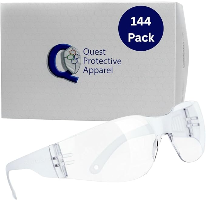 Quest Protective Apparel Safety Glasses for Men and Women - Anti Fog Safety Goggles for Shooting, Lab, or Construction – Polycarbonate Eye Protection [Clear & Pack of 144 Pairs]