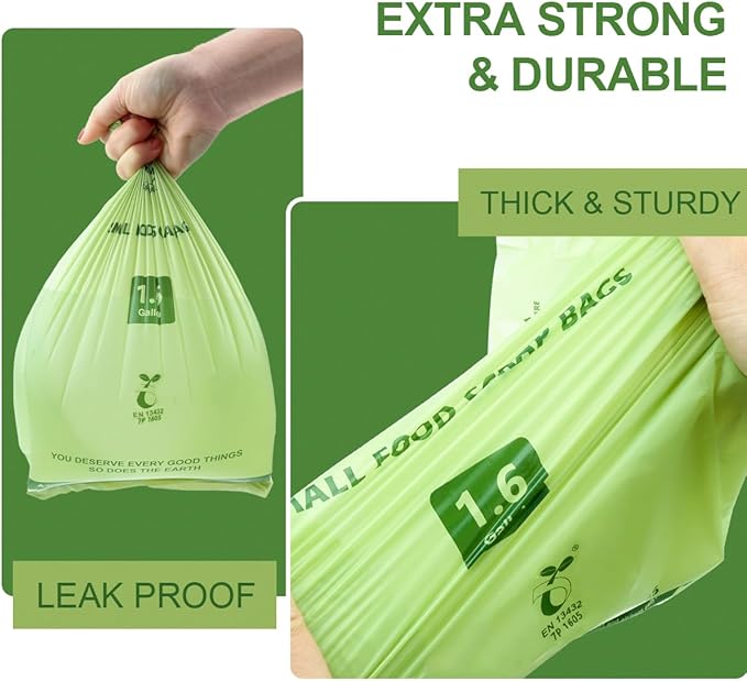 100% Compostable 1.6 Gallon Trash Bags, 6 Liter, 150 Count Kitchen Food Scrap Small Compost Bags for Countertop Bin with Europe EN13432 Certified