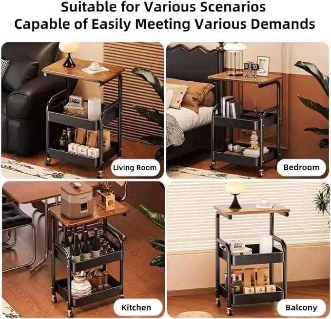 3 Tier Metal Rolling Utility Cart Organizer with Walnut Table Top, Stable and Sturdy Rolling Storage Carts with 2 Lockable Wheels for Kitchen，Bathroom，Snacks，Coffee，Craft，Makeup，Baby Essentials