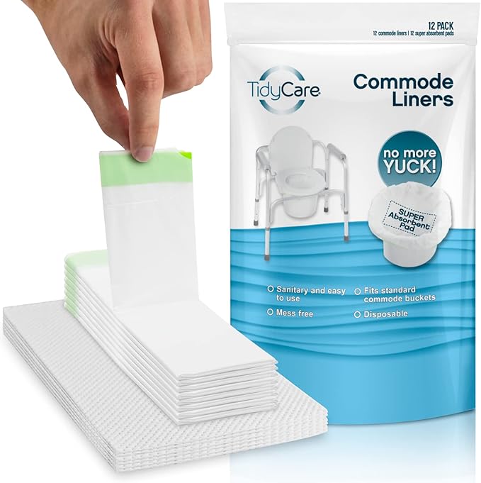 Disposable Bedside Commode Liners and Pads for Portable Toilet Chair Seat Bucket and Bedpan | Combo Pack of 12 Waste Bags and 12 Absorbent Pads | Universal Fit