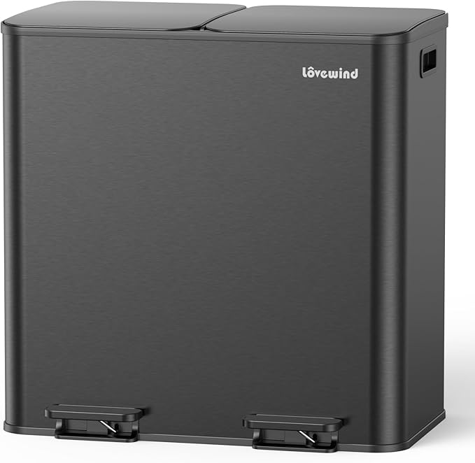 Lovewind Trash Can, 2 x 10.5 Gallon (2 x 40 L) Garbage Can for Kitchen Dual Compartment Recycling Kitchen Step Trash Bin, Stainless Steel Trash and Recycle Bin Combo with Soft-Close Lid, Black