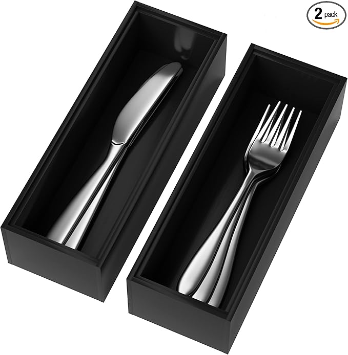 Premium Bamboo Kitchen Drawer Organizer - Set of 2, Stackable Utensils Holder, Storage Box Tray for Kitchen Drawers, Cabinet, Utensil, Silverware, Spatula, Flatware or Makeup, Vanity, Bathroom(Black)