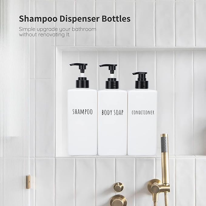 Segbeauty Plastic Soap Dispenser, 3pcs 16.9oz Refillable Shampoo Bottles White, 500ml Empty Square Pump Press Bottle Shower Dispenser Lotion Container for Modern Bathroom Hotel Kitchen